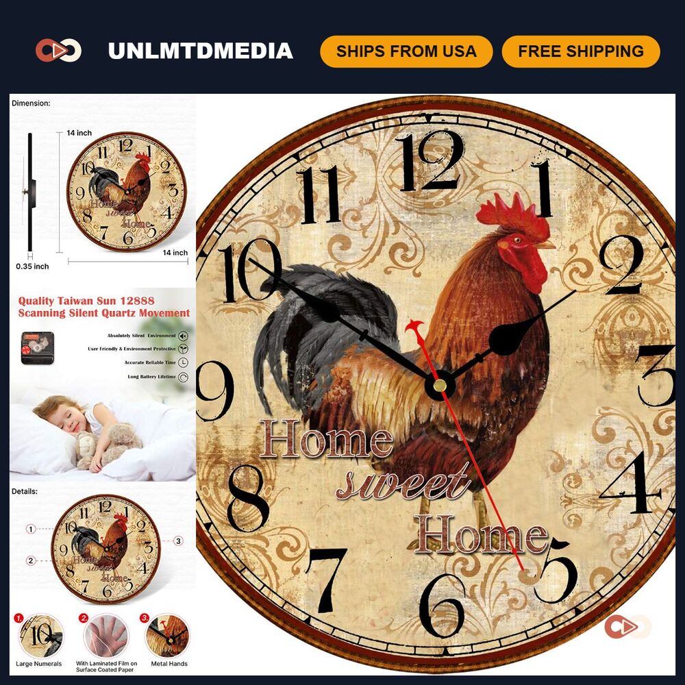 14" Rustic Rooster Wall Clock - Silent, Non-Ticking, Easy to Read, Battery Opera